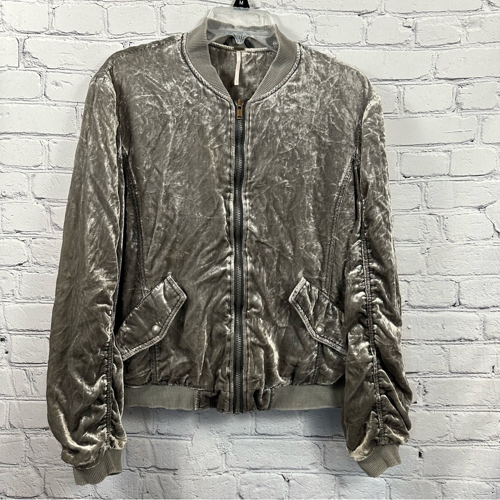 Free People Crushed Velvet Ruched Bomber Jacket Full Zip Varsity Collar Gray S